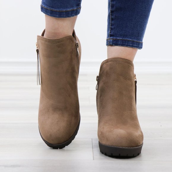 Taupe Suede Lug Chunky Heel Ankle Boots - Picture 9 of 12
